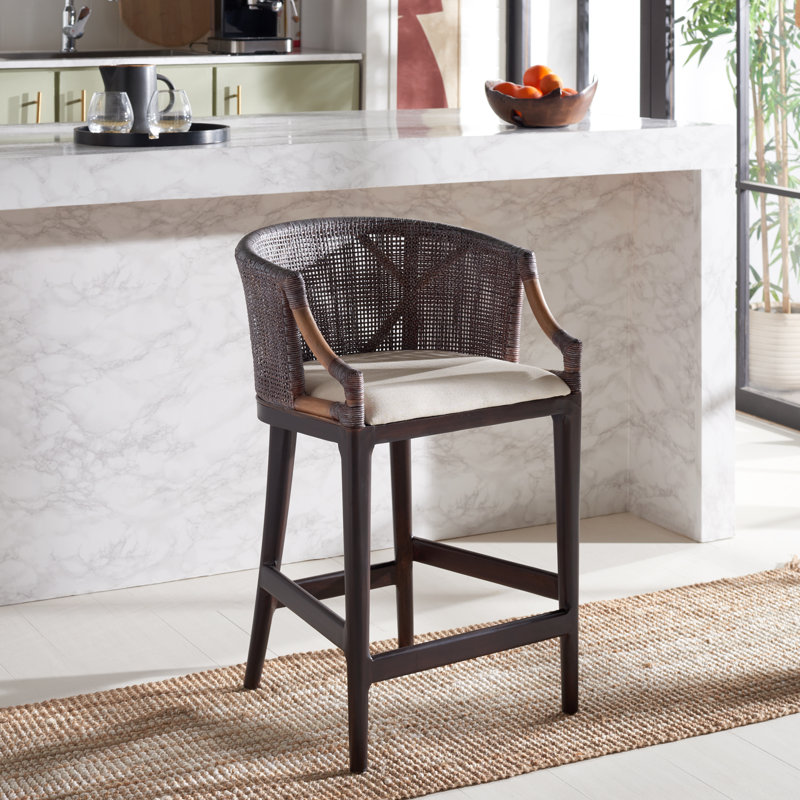 Tabouret de comptoir en bois massif Carneshia, Gris / siège blanc / cadre brun