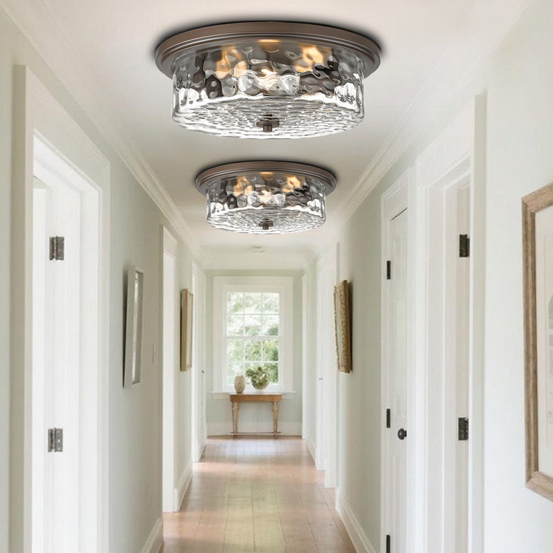 Large Industrial Flush Mount Ceiling Light, 16" 3-Light Modern Ceiling Light Fixture, Farmhouse Close To Ceiling Lighting,Hammered Glass Ceiling Light For Bedroom, Living Room, Kitchen Island(Oil Rubbed Bronze)