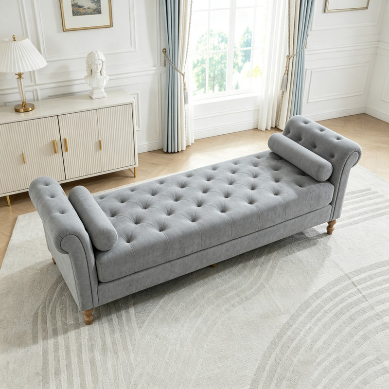 Banc rembourré avec accoudoirs et 2 traversins, Gray Chenille