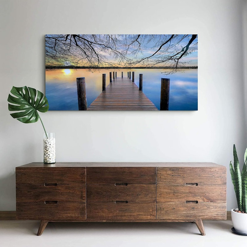 Tableau sur toile « Jetée du lac au coucher du soleil » – Paysage paisible de quai – Impression nature