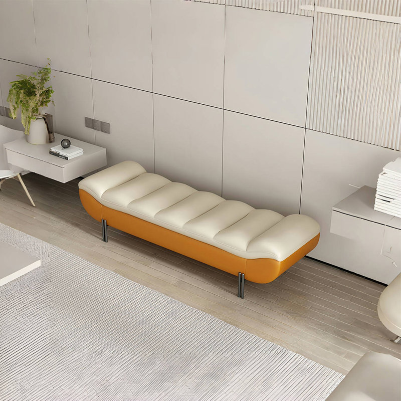 Cuper Microfiber Leather Upholstered Bench, Beige/Light Orange