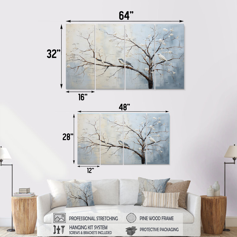 «Grey Floral Sprintime Tree Birds II», art mural 4 pièces, H 28 po x l 48 po