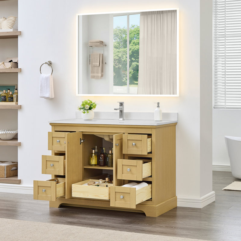 Ensemble de meuble-lavabo simple 48 po Avery, Marbre de culture blanc, Blanc, Or brossé