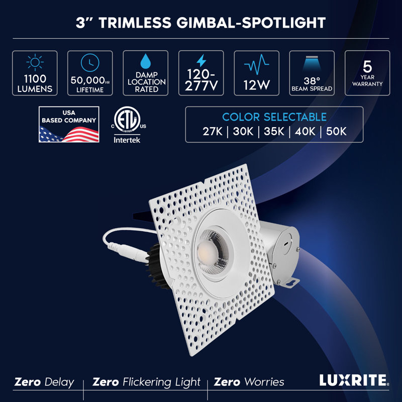 Projecteur à DEL réglable sans cadre 3 pouces avec J-Box LUXRITE, verrouillage à poussoir, 5CCT, 12W, 1100LM, CRI90, double intensité variable, faisceau de 38 °, calibre IC, calibre humide