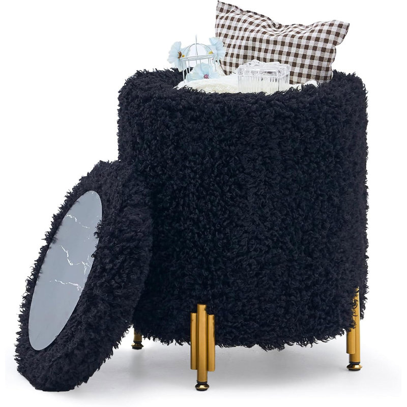 Round Velvet Ottoman with Storage, Black
