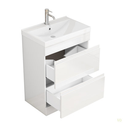 24-Inch Bathroom Vanity With Sink Combo, 2 Drawers Bathroom Cabinet,Quickly Assemble Free Standing Bathroom Cabinet, Soft-Close System,Unique Thick-Edged Ceramic Basin,Handle Free Design