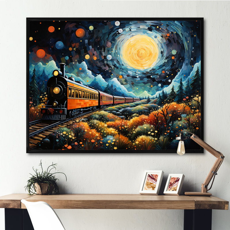 «Yellow Train Enchanted Journey Pointillism - Transport», reproduction d'art sur toile, Cadre flottant noir
