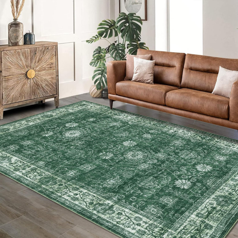 Tapis d'intérieur lavable imprimé à motif floral antidérapant à poils courts pour tapis de salle de bain vert 2 x 6 pi, Green