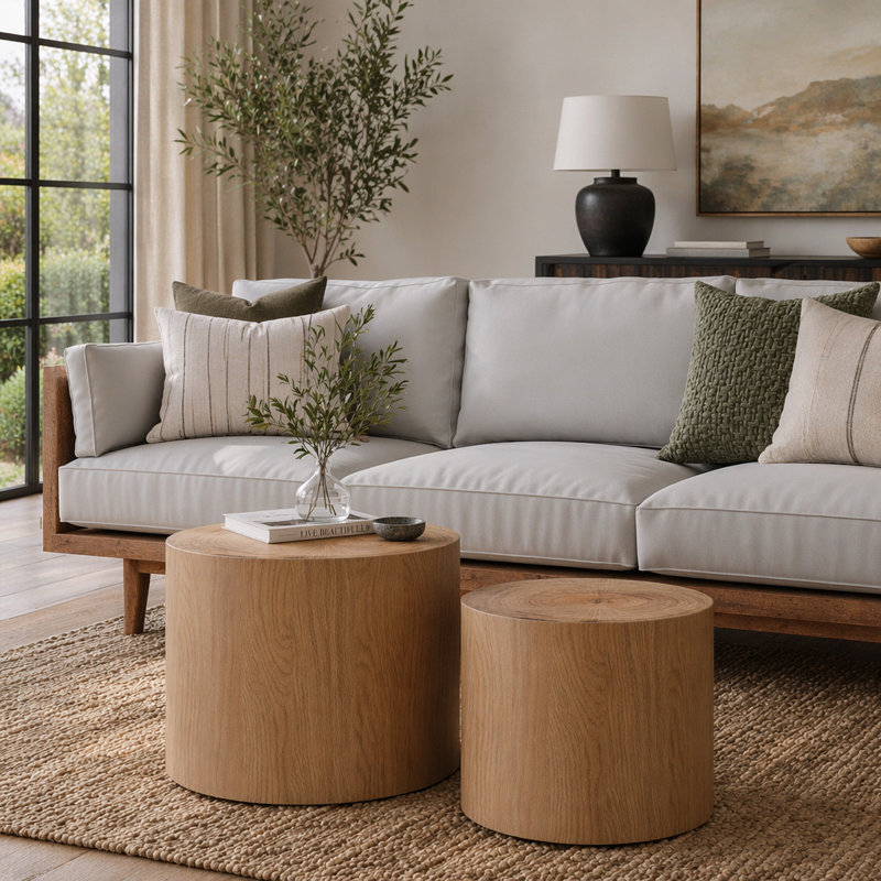 Ensemble de 2 tables basses gigognes rondes, table d'appoint en forme de souche d'arbre, sans assemblage, table d'appoint rustique à grain de tourbillon naturel pour le salon, décor de maison de campagne moderne Wabi-Sabi