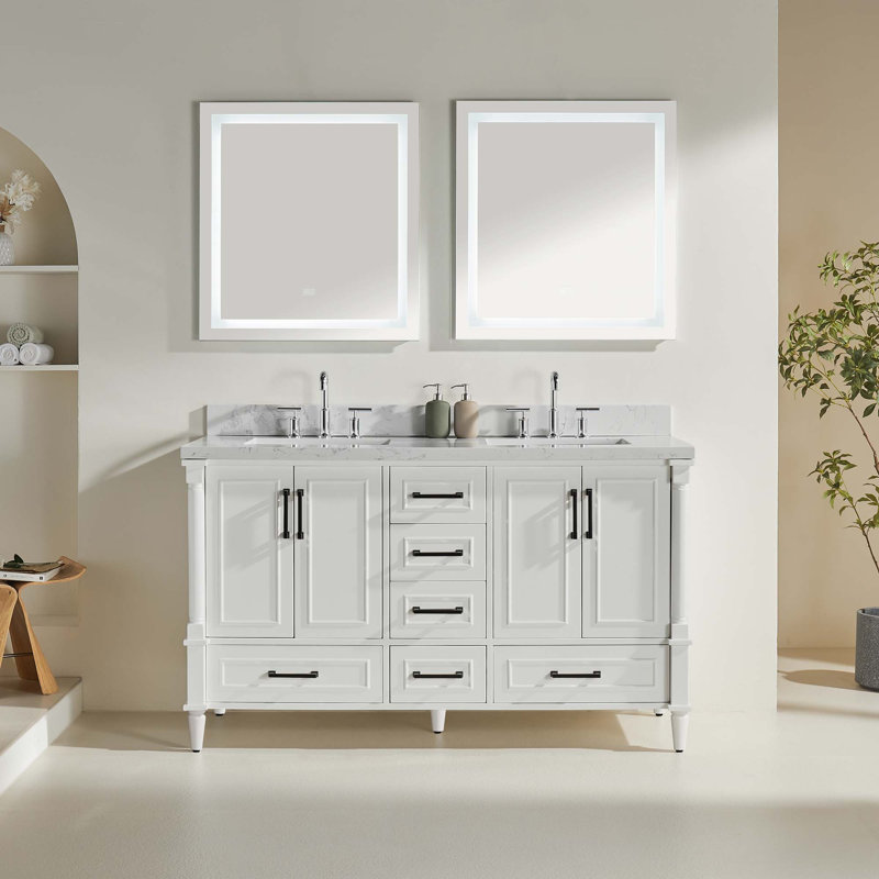 Meuble-lavabo double autoportant de 60 po avec poignées noires supplémentaires