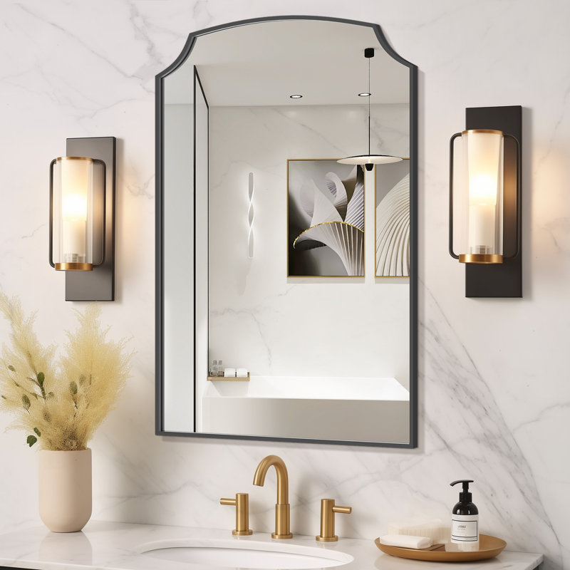 Iron Framed Arched Wall Mirror for Bathroom & Bedroom, Black, 36" x 24"