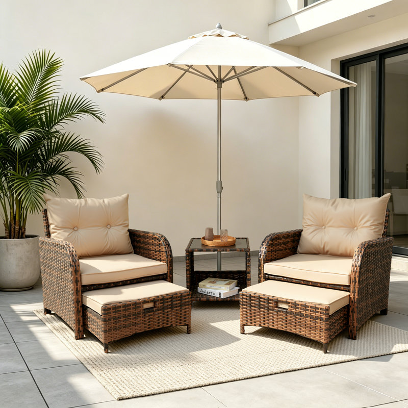 Constantino 2-Person Outdoor All-Weather Wicker Conversation Set with Ottomans and Tempered Glass Coffee Table