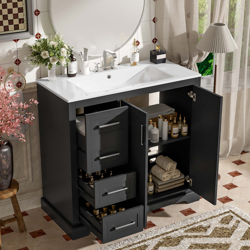 36" Modern Bathroom Vanity With Ceramic Sink, Soft-Close Door, Adjustable Shelf & 3 Drawers, Ample Storage, Black