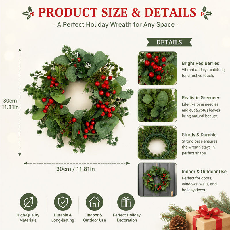 Mini couronne de Noël artificielle 12 pouces avec des accents de baies rouges et un feuillage persistant réaliste