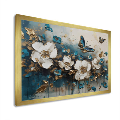 «Rozalia Golden Blue Butterfly Wings And Flowers II», reproduction sur toile