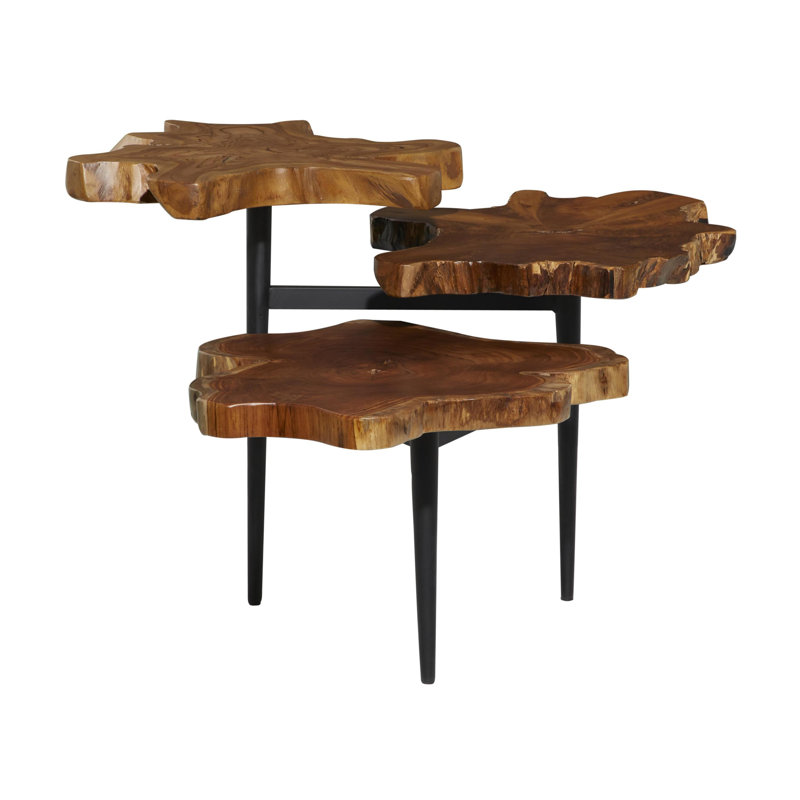 Loucks Teak Wood Handmade Live Edge 3 Tier Side End Brown Accent Table with Black Base