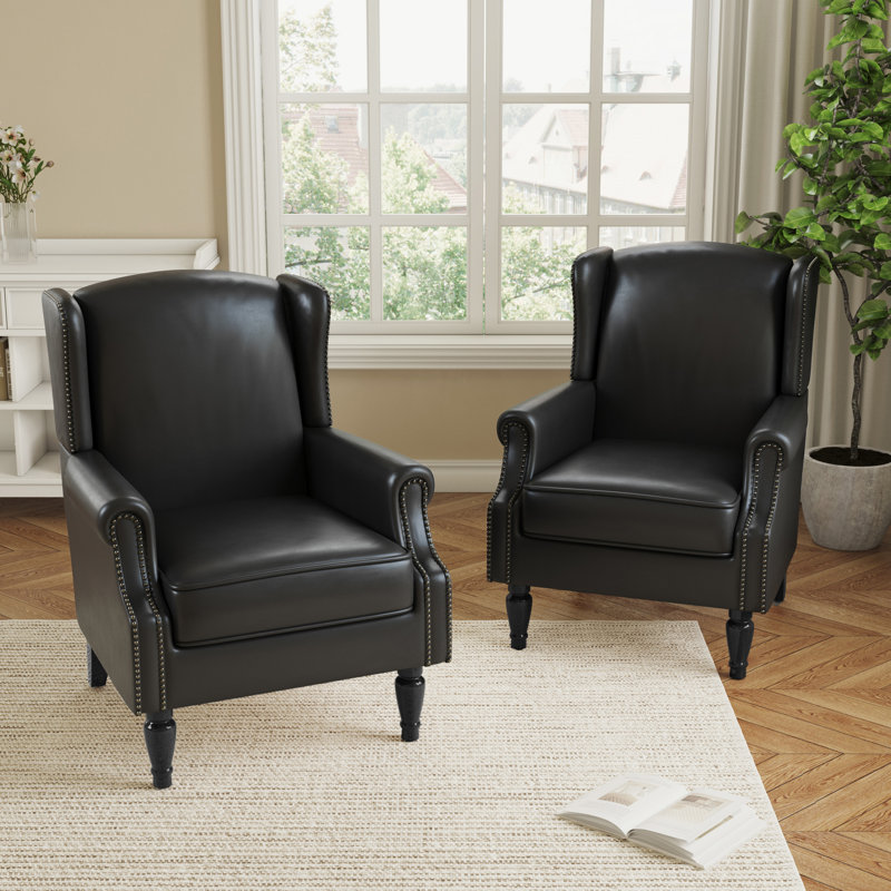 Duward Upholstered Black Faux Leather Wingback Accent Chair with Nailhead Trim, Black Faux Leather