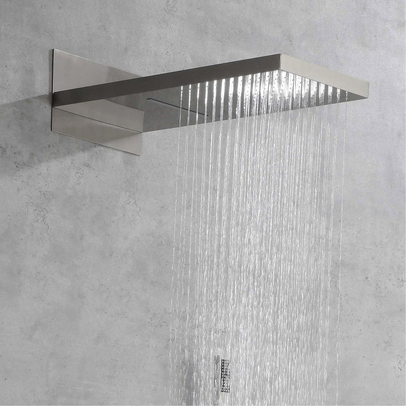 Bathroom Shower System With Brushed Nickel Wall Mounted Waterfall Head Rain Dual & Rainfall Drops Flow
