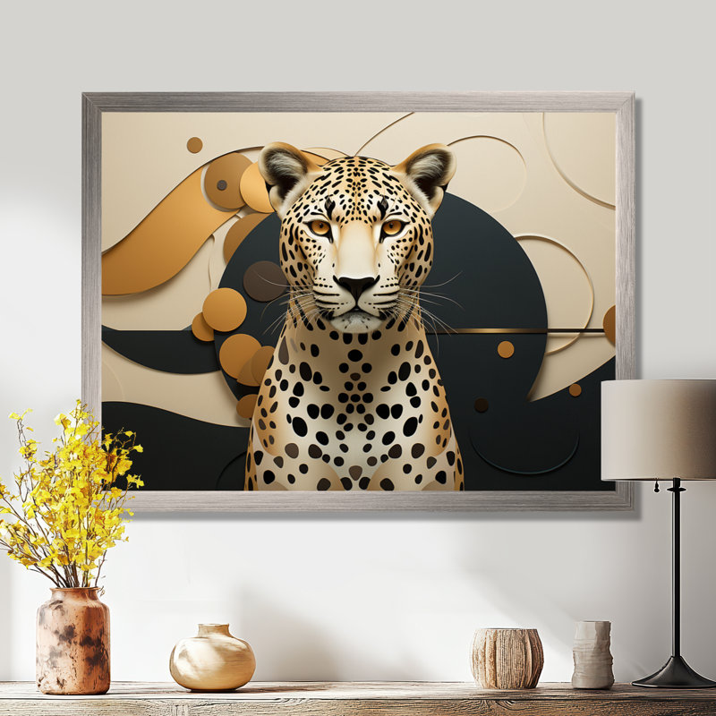 Léopard élégant géométrique - art mural léopard, H 34 po x l 44 po x P 1,5 po, Cadre simple argenté