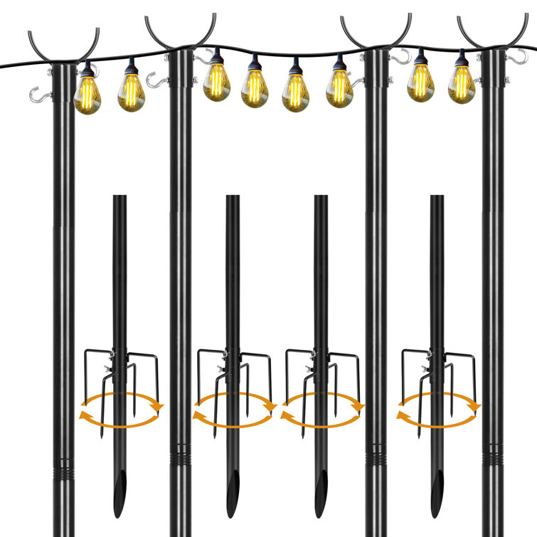 4 Pcs String Light Hook Poles with Superior Stability 5-Pronged Base, Waterproof Multiple Sections Ground Support Bracket, Patio Banner Lantern Hanging Stand, Banner Lantern Hanging Support