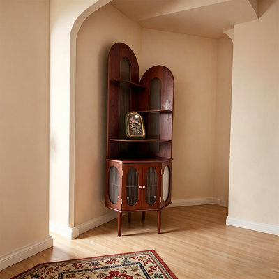 Retro Mid-Century Style Wood Corner Display Cabinet with Arched Top