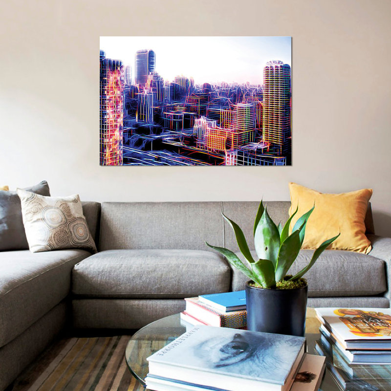« digital immeubless » sur toile, H 18 po x l 26 po x P 1,5 po, Toile encadrée noire, Pas de tapis