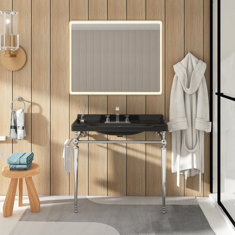 36" Bathroom Console Sink, Wall-Mounted Ceramic Vanity Basin With 3 Pre-Drilled Faucet Holes, Freestanding Stainless Steel Support Legs With Towel Bar