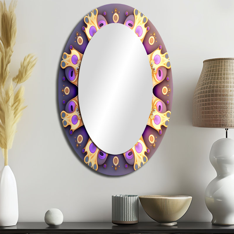 Ethereal Fractal Mandal In Purple And Yellow - Geometric Oval Decorative Mirror On Metal, 36" x 24"