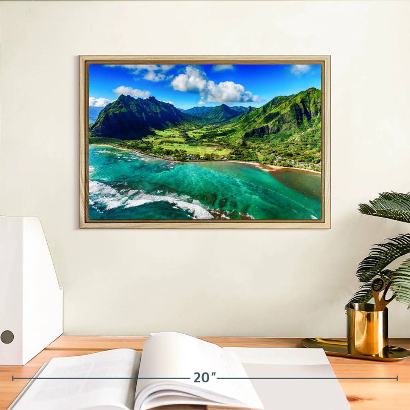 Paysage côtier de Kualoa, Cadre flottant en bois naturel, 13 po x 9 po