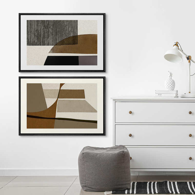 Forme Mid-Century «Mid-Century Retro Polygon Collage Abstract Shapes Illustration», 2 pièces, Cadre noir, H 24 po x l 36 po