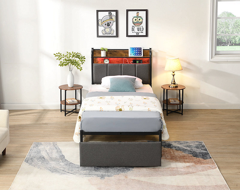 Bed Frame, Storage Headboard With Charging Station, Solid And Stable, Noise Free, No Box Spring Needed, Easy Assembly, Twin