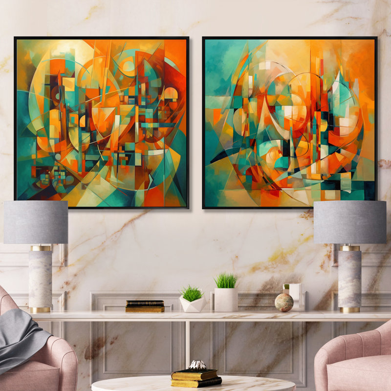 «Abstracting The Cubist Form» - Ensemble de 2 carrés cubiques abstraits, Cadre flottant noir, H 16 po x l 33 po