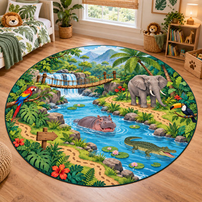 Tapis rond « Ultra Fin » 183 x 183 cm, motif pont suspendu et safari fluvial, idéal pour chambre d'enfant, salon, chambre à coucher et bureau à domicile. Tapis d'intérieur doux à poils courts avec envers antidérapant en silicone.