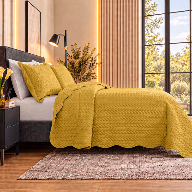 Ensemble de couvre-lit en microfibre embossée - Ensemble de literie moderne et léger avec taies décoratives, Ocre