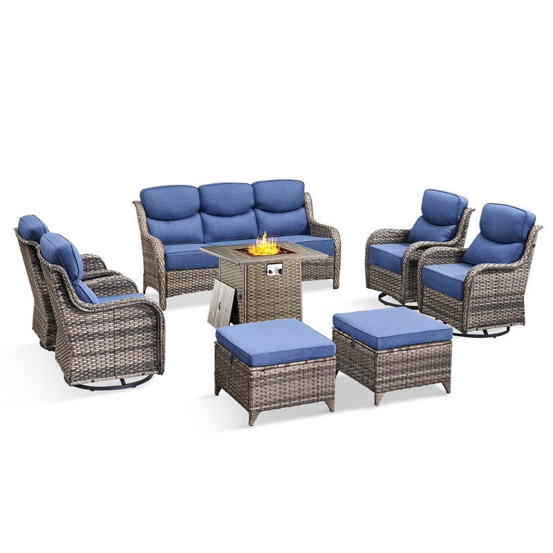 Wickes 8-Piece Outdoor Wicker Patio Conversation Set With Square Fire Pit, 3-Seat Sofa, Ottomans And 4 Swivel Gliders With 6" Thick Cushions