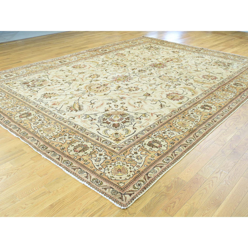 Tapis zone en laine 9 pi 8 po x 12 pi 10 po one-of-kind-noué la ivoire main Shebeen