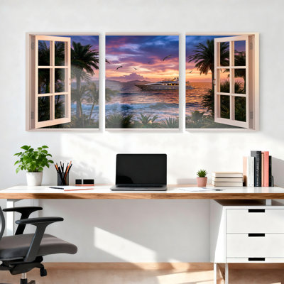 Tropical Sunset Beach Scene With Palm Trees And Yacht Canvas Wrapped Wall Art Oil Painting Print Set Of 3