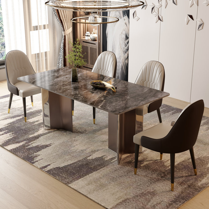 Table de salle à manger pour 6 à 8 personnes, avec plateau rectangulaire en pierre frittée et base en acier gris acier