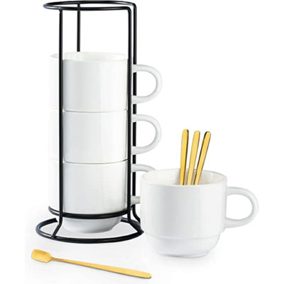 Porcelain Coffee Mug Set With Spoons And Metal Rack, 11 Ounces Stacking Cups, Perfect For Coffee Drinks, Latte, Cappuccino,tea, Set Of 4,dark Green