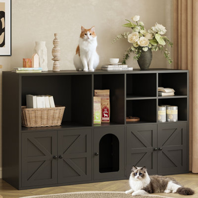 57.9’’L Wooden Cat Litter Box Enclosure With Storage Shelves, Litter Box Furniture Hidden With Double Room