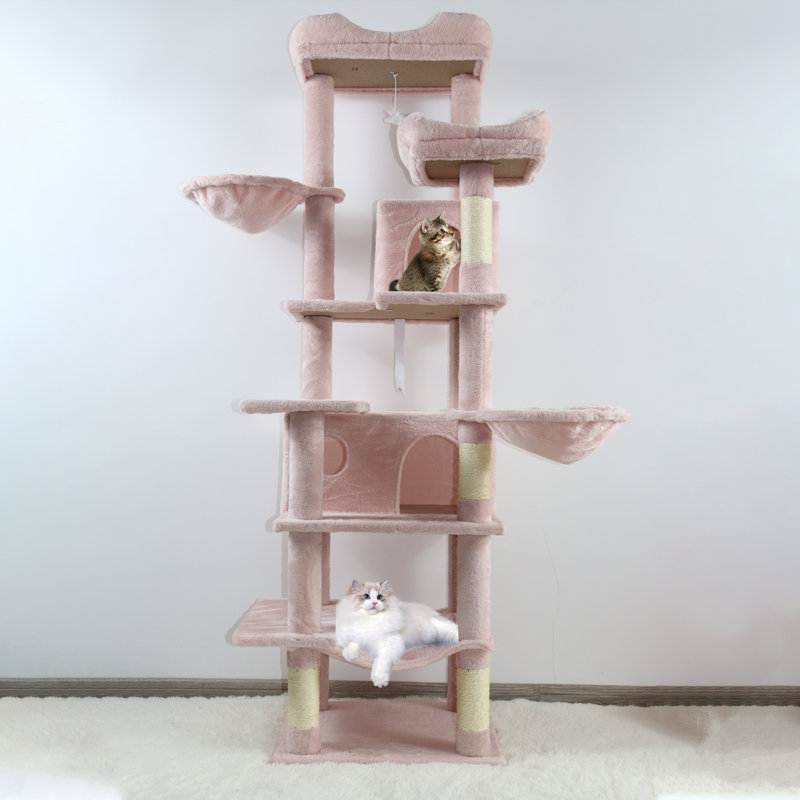 Tall Multi-Level Pink Cat Tree with Hammocks, Hanging Basket, Cat Cave, Removable Cushions, and Durable Scratching Posts for Indoor Cats