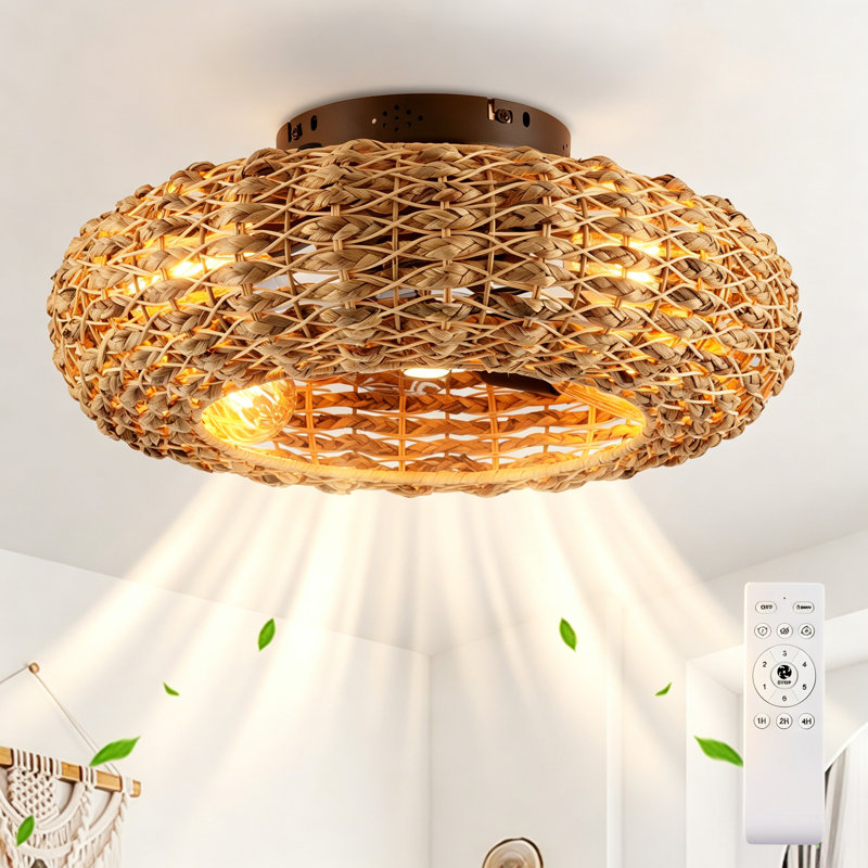 19.6" Bamboo Ceiling Fan With Remote Control ,6 Speed, DC Motor Reversible Ceiling Fan For Living Room, Bedroom--NOT INCLUDED BULBS