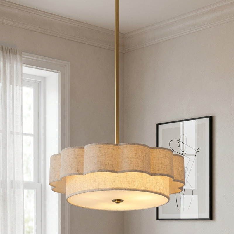 17.7" Modern Drum Chandeliers, 3-Light Pendant Light Fixture with E26 Bases, 2-Layer Fabric Shade Chandeliers for Dining Room, Bedroom, Living Room, Kitchen, Foyer