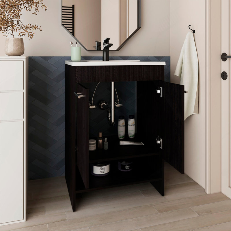 Meuble-lavabo avec lavabo, 2 portes, 2 tablettes, wengé noir, Noir
