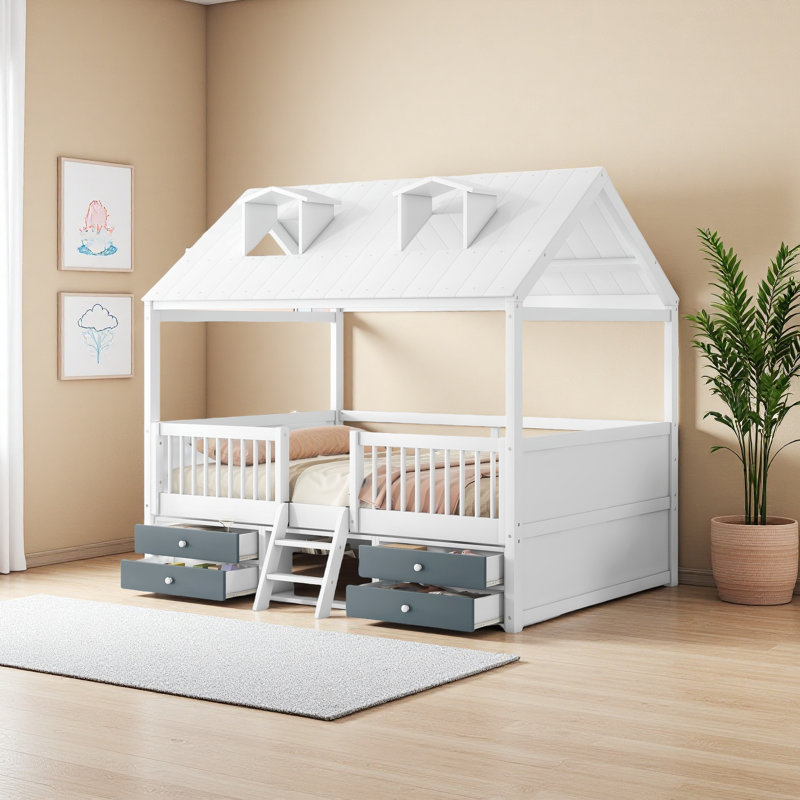 Structure de lit en bois, Blanc / Gris, Lit double