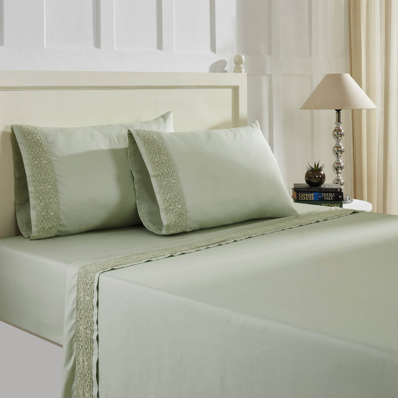  Ensemble de draps en mélange de coton Rich Lace Hem, Drap pour lit double + drap-housse + 2 taies d'ore, Blanc