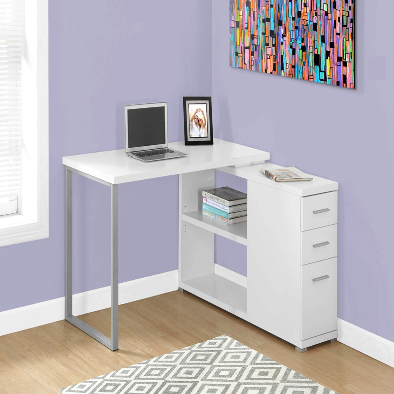 Bureau d'ordinateur, bureau personnel, coin, gauche, configuration à droite, tiroirs de rangement, forme en L, travail, ordinateur portable, stratifié blanc, métal gris, contemporain, moderne