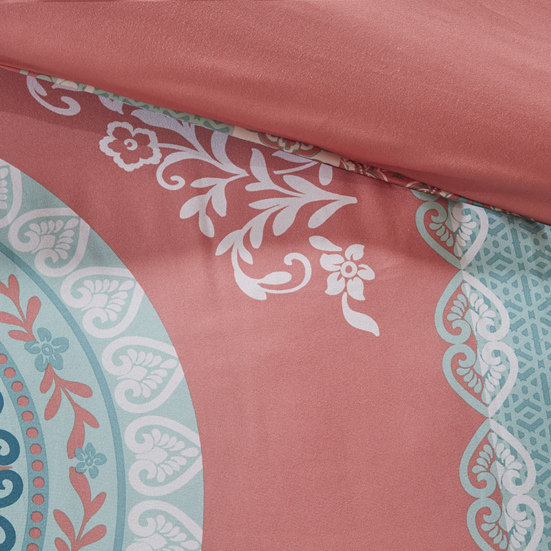 Loretta Bohemian Medallion Reversible Comforter Set with Bed Sheets, Twin Comforter + 6 Additional Pieces, Coral