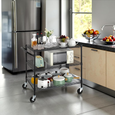 Chariot utilitaire commercial robuste à 3 niveaux avec roulettes - Chariot de service roulant en acier certifié NSF avec tablettes réglables et guidon - Capacité de poids élevée pour la cuisine, le restaurant et l'entrepôt