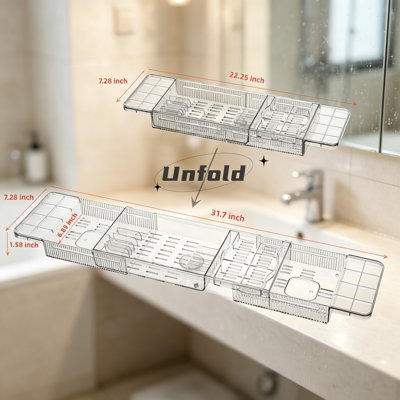 Plateau de bain extensible en acrylique transparent avec porte-bouteilles et porte-livres - Cadeau pour femme